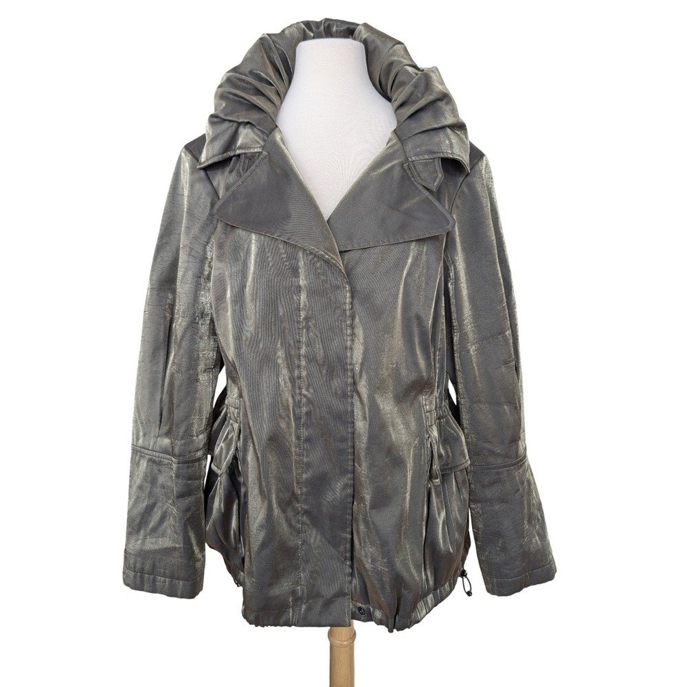 Hilary Radley Metallic Jacket Womens Medium Green Hooded Zip Coat L